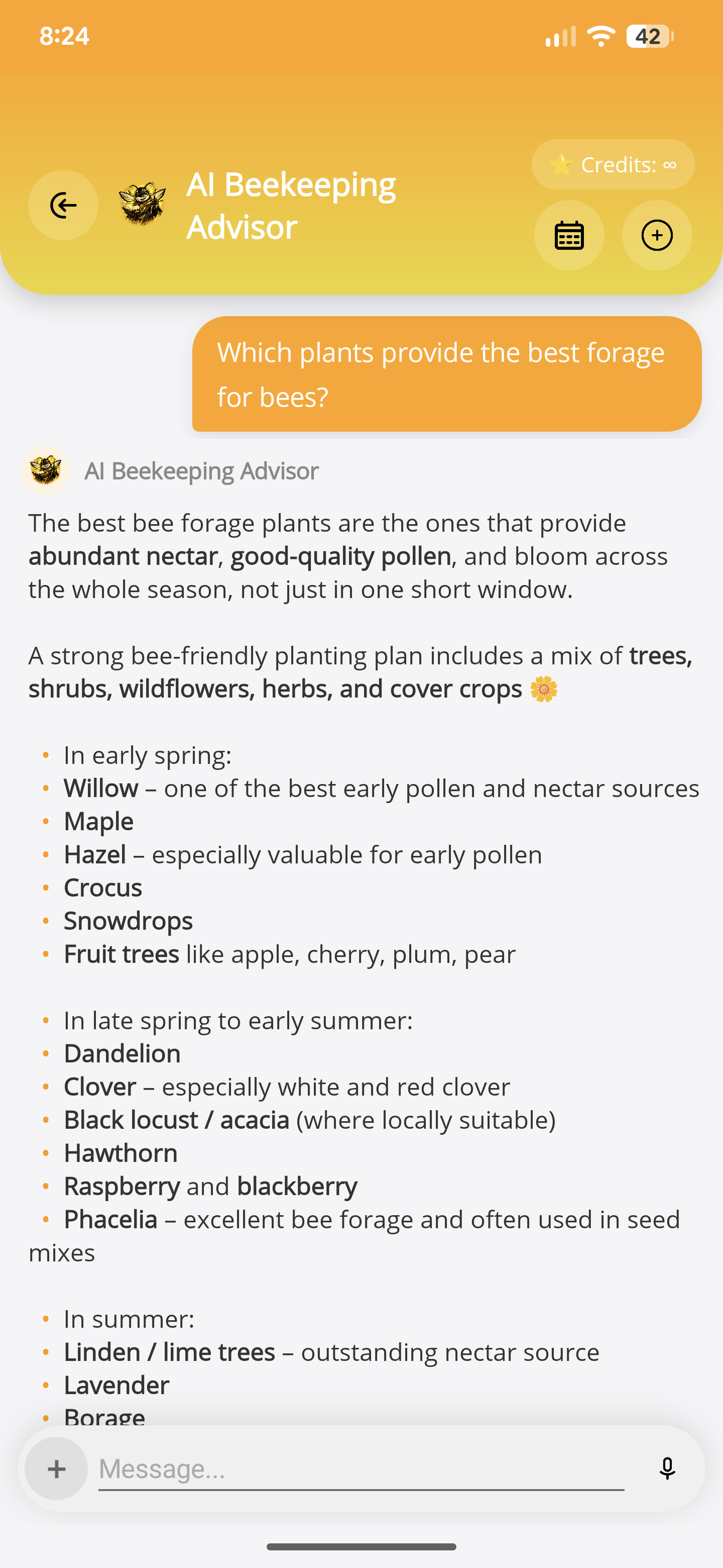 ApiNote AI Beekeeping Advisor answering a question about bee forage plants across the season