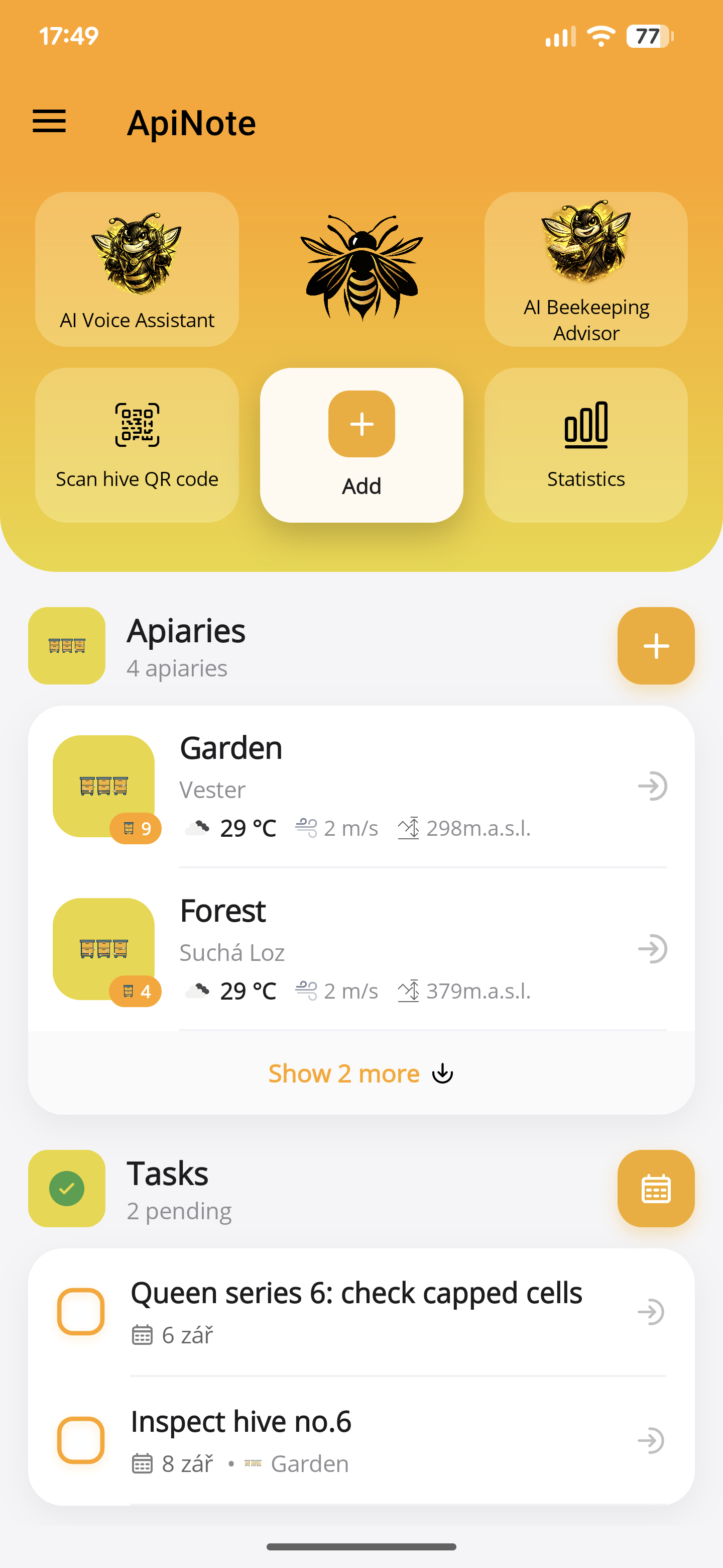 Full ApiNote dashboard showing apiaries, tools, and current tasks