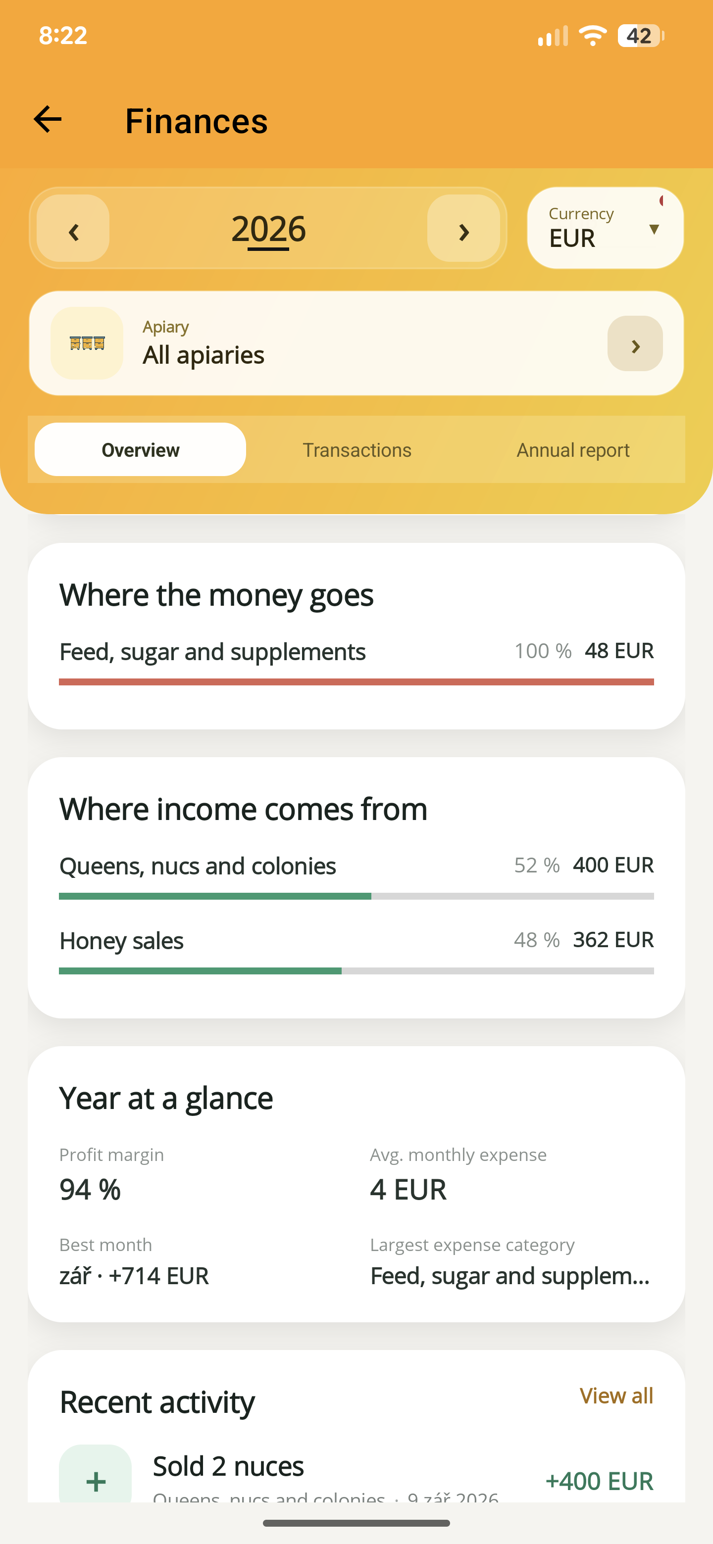 ApiNote financial breakdown showing feed costs, queen and colony sales, honey sales and yearly summary
