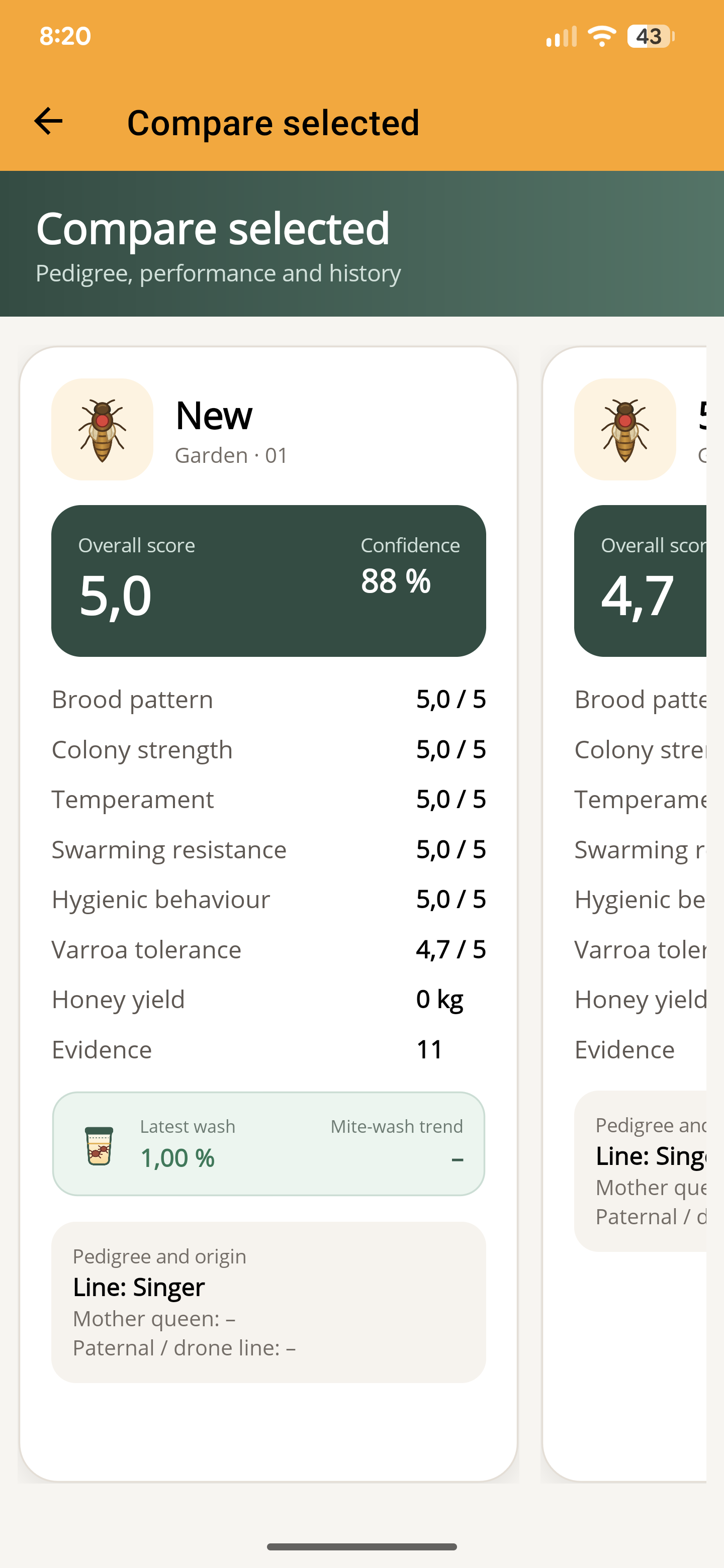 ApiNote side-by-side queen comparison with brood pattern, temperament, colony strength and evaluation confidence