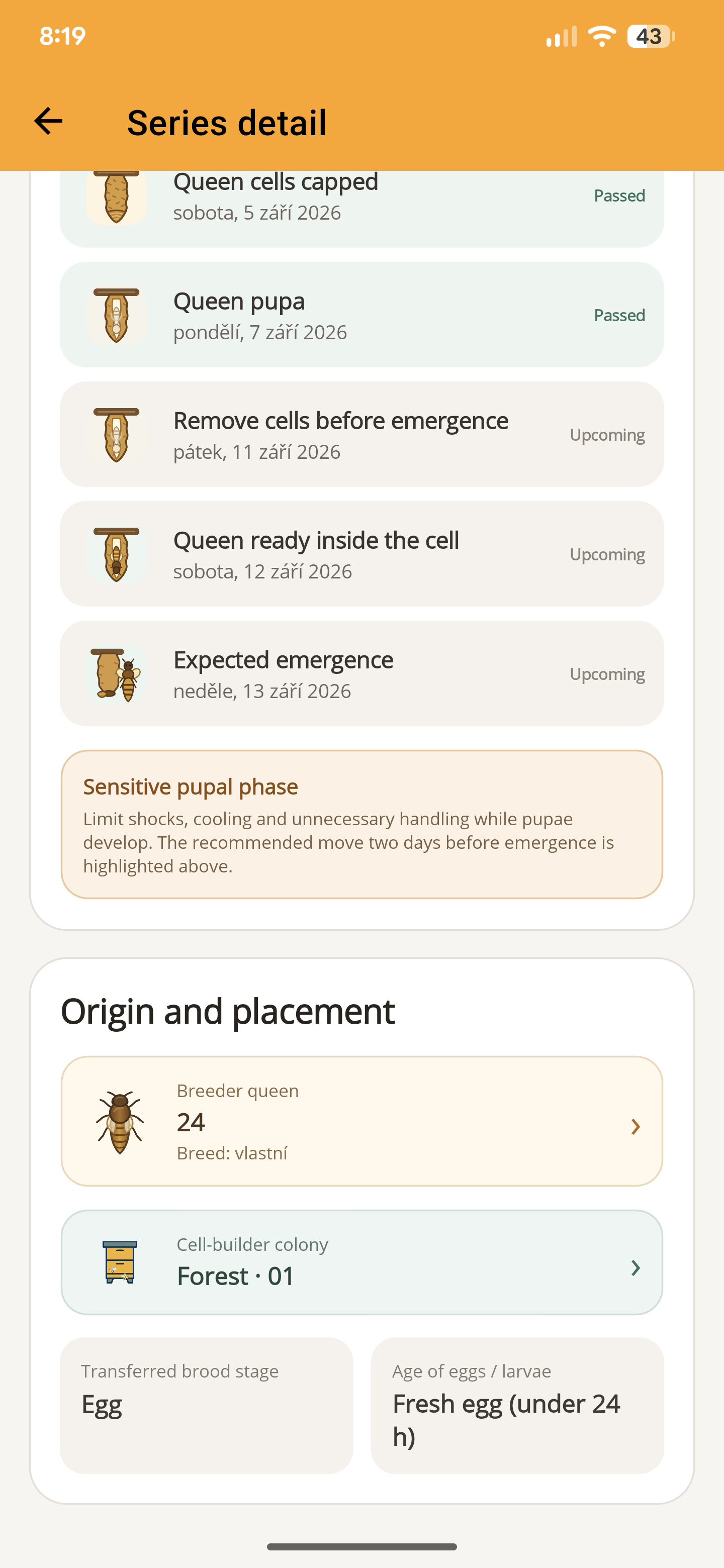 ApiNote rearing timeline with upcoming emergence, breeder queen and cell-builder colony