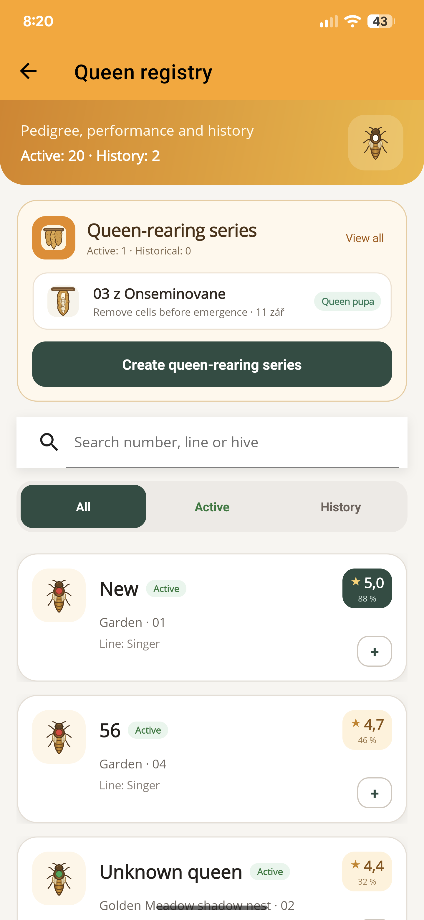 ApiNote queen registry with active queens, lineage, ratings and a queen-rearing series